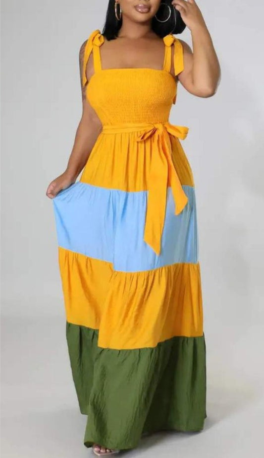 Colorblock Shirred belted Maxi Dress