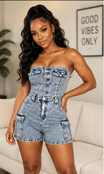 Denim Cargo Romper