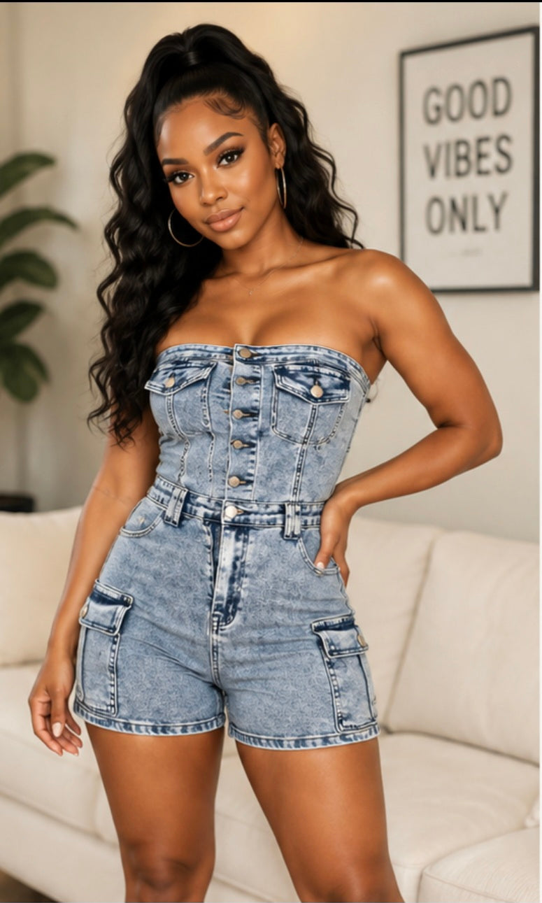 Denim Cargo Romper
